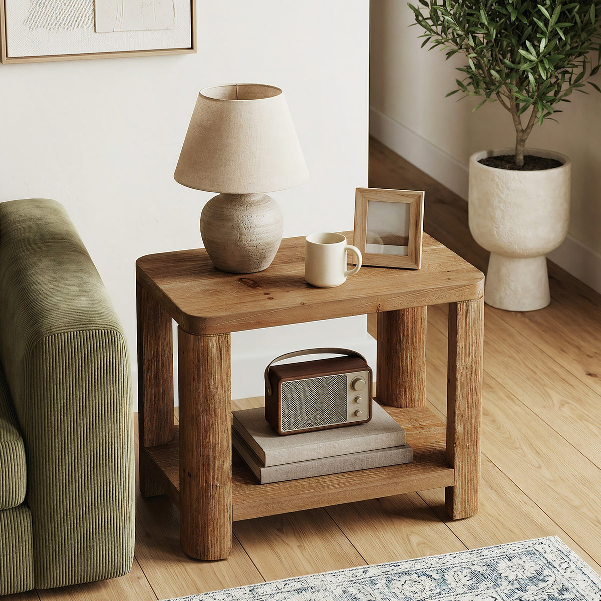 69cm Side Table, Farmhouse Solid Wood Bedside Table with 2-Tier Shelf