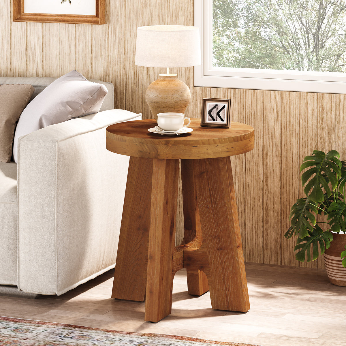 Round Side Table, Farmhouse Solid Wood End Table with Heavy-Duty Legs