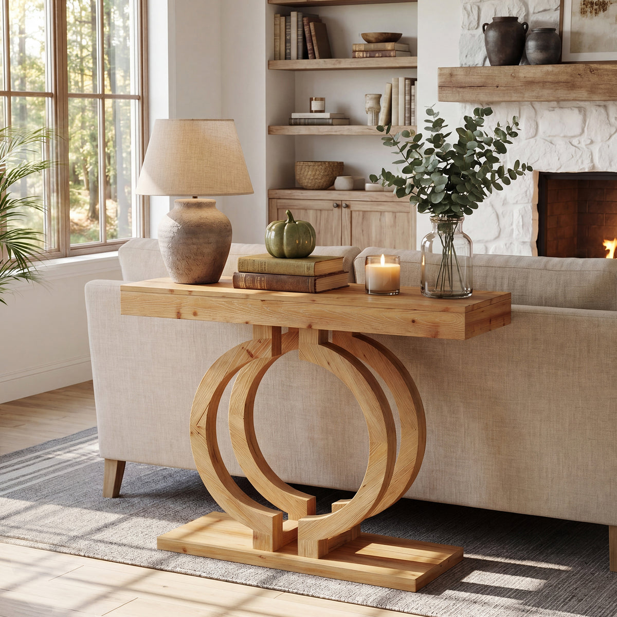 110cm Console Table, Solid Wood Narrow Hallway Table with Double Circle Base