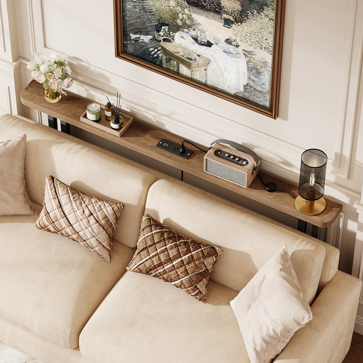 180cm Console Table, Skinny Sofa Table with Power Outlet for Living Room