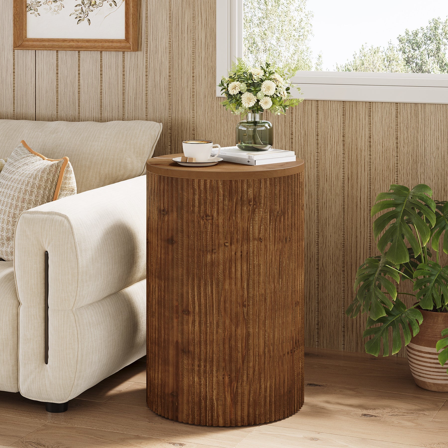 Solid Wood Round Side Table, No-Assembly Fluted End Table with Storage & 4 Wheels