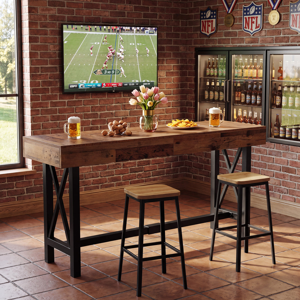 180cm Bar Table, Industrial Rectangular Pub Table with Metal Footrest