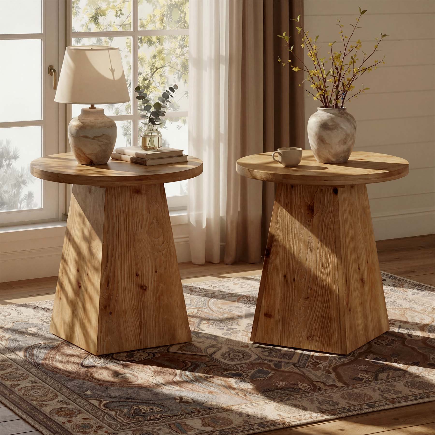 48cm Solid Wood End Table with Trapezoid Base, Round Side Table for Living Room Small Spaces