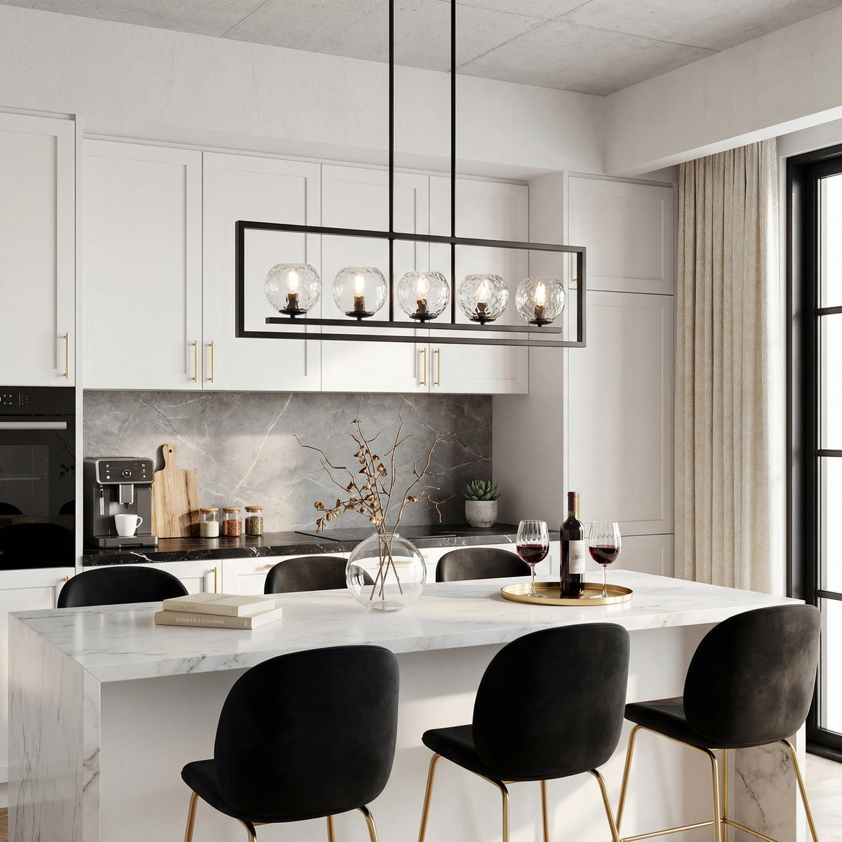 5-Light Modern Black Pendant Light, Linear Chandelier with Glass Shade