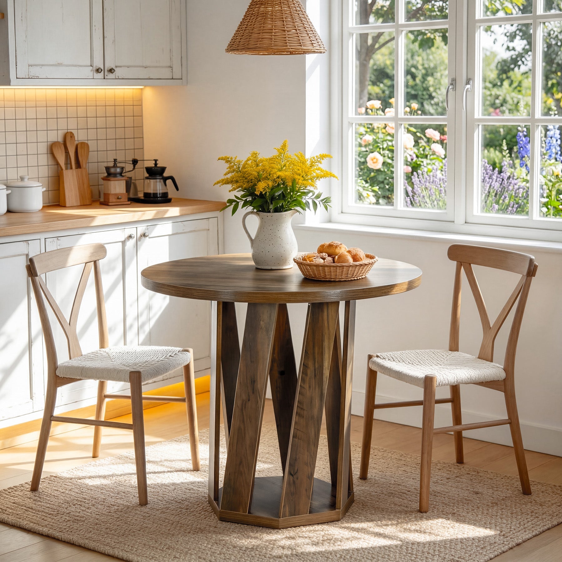 80cm Round Dining Table, Solid Wood Kitchen Table for 2-4 People
