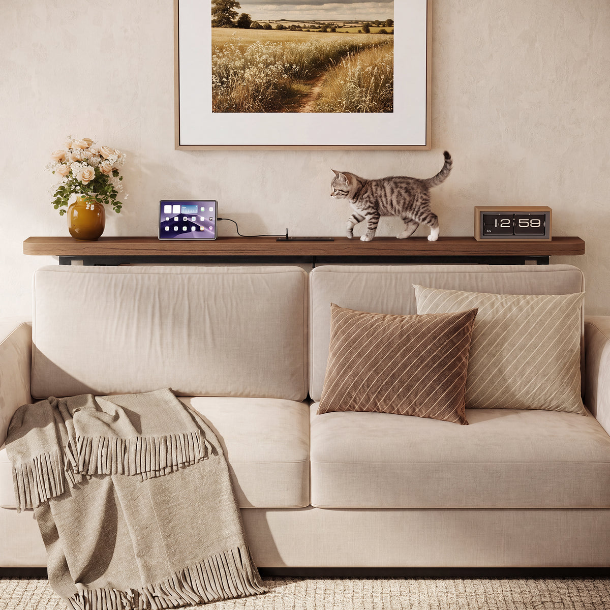 180cm Console Table, Skinny Sofa Table with Power Outlet for Living Room