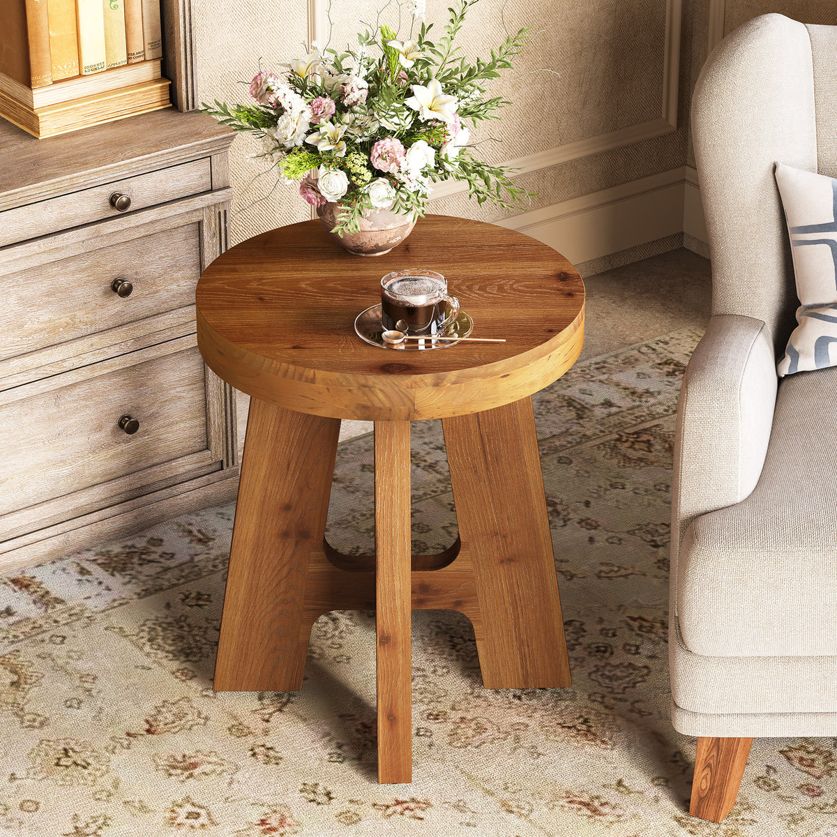 Round Side Table, Farmhouse Solid Wood End Table with Heavy-Duty Legs