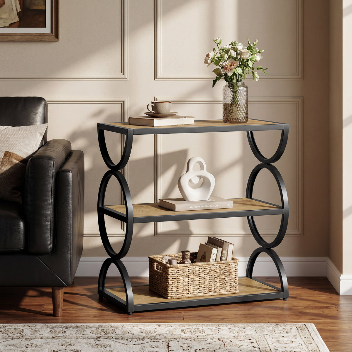 60cm Narrow Side Table, 3-Tier Industrial End Table with Circular Frame for Living Room