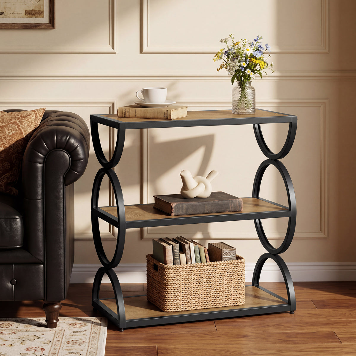 60cm Narrow Side Table, 3-Tier Industrial End Table with Circular Frame for Living Room