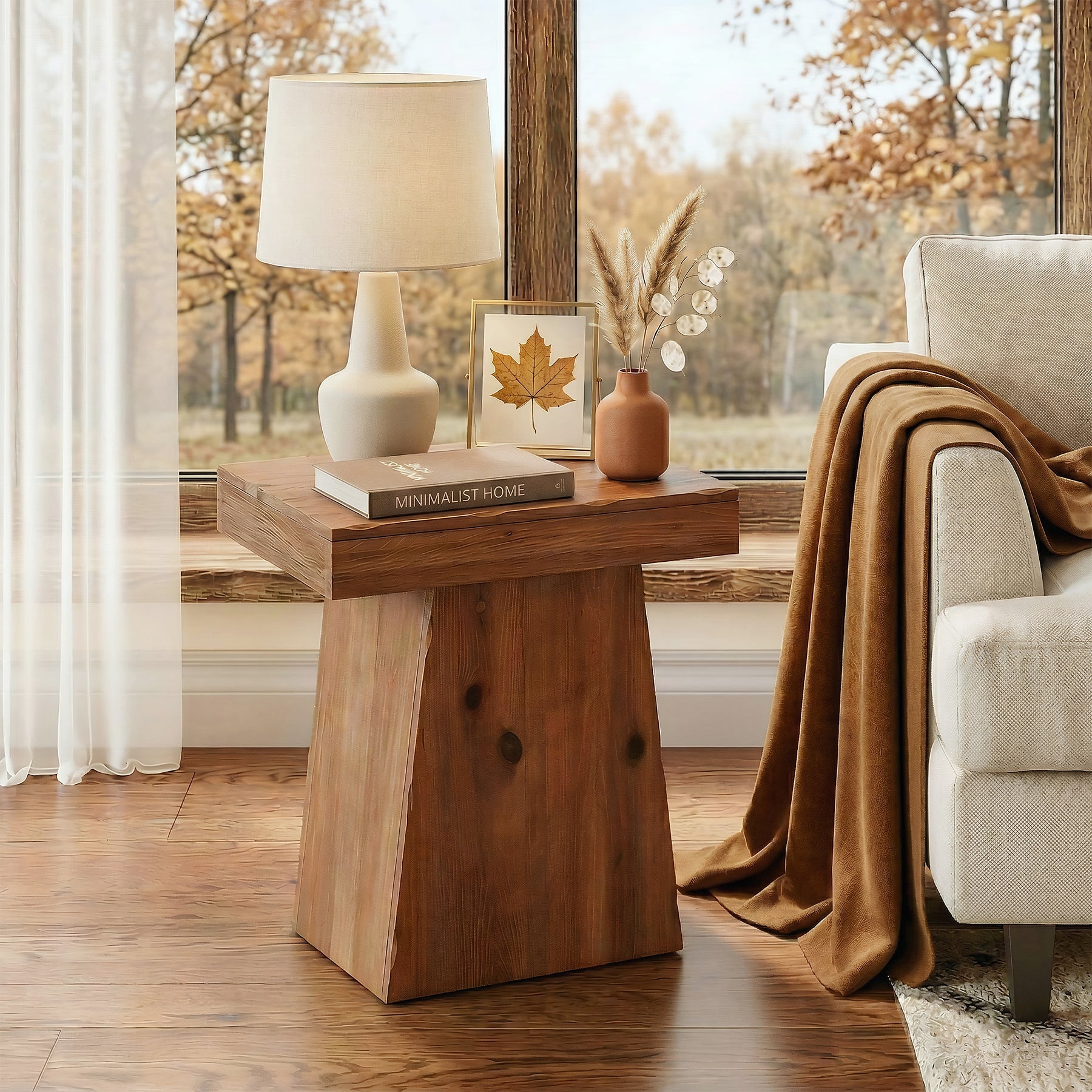 60cm Solid Wood End Table with Trapezoid Base, Small Walnut Side Taable for Living Room