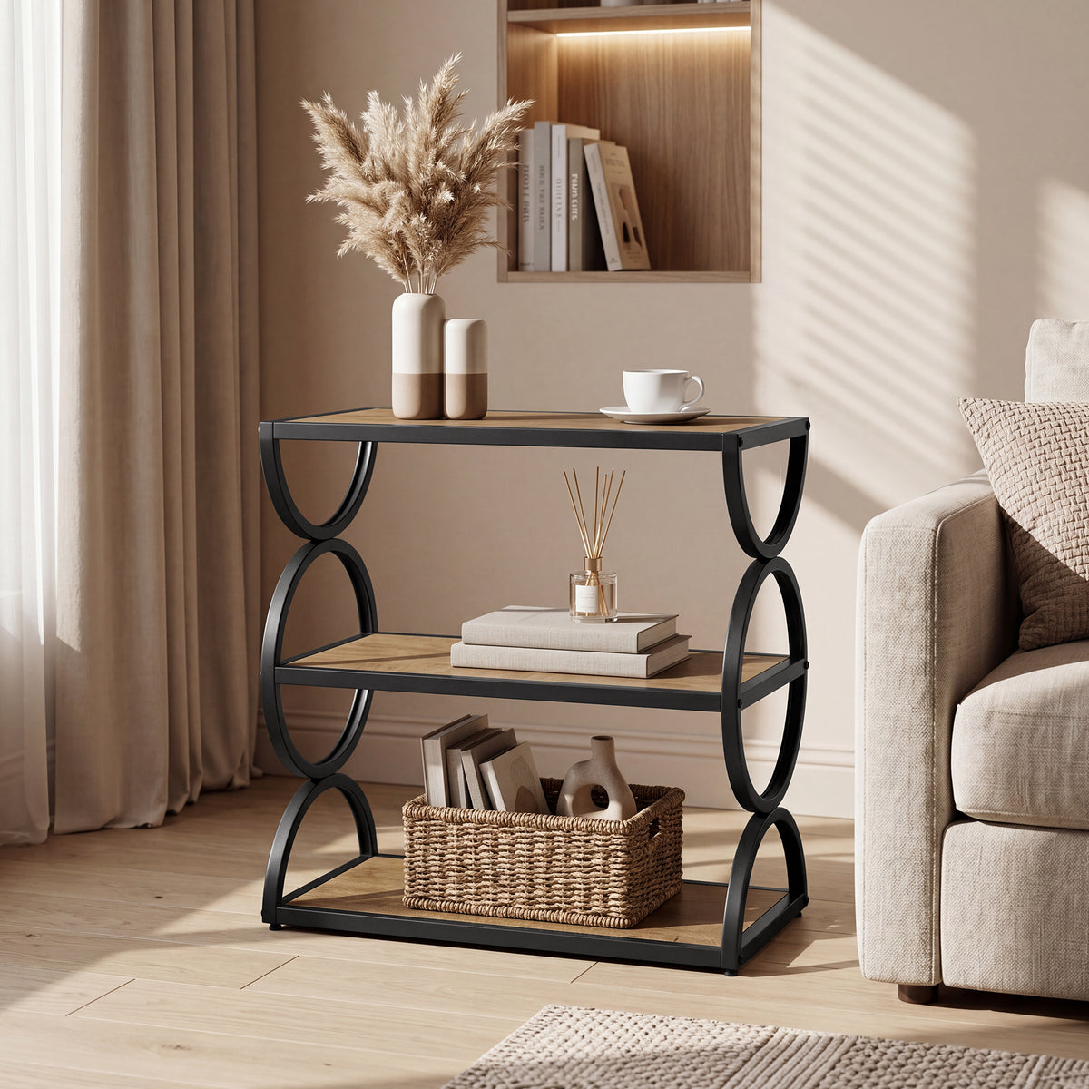 60cm Nightstand, 3-Tier Industrial Bedside Table with Circular Frame for Bedroom