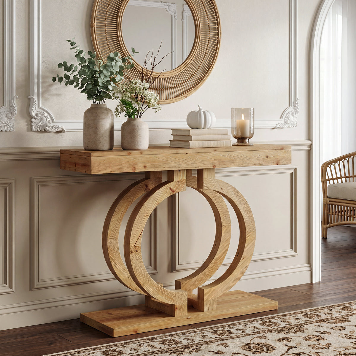 110cm Console Table, Solid Wood Narrow Hallway Table with Double Circle Base