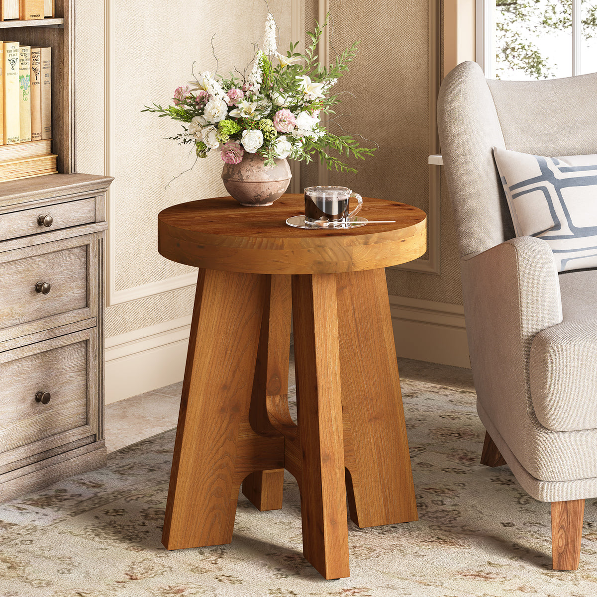 Round Side Table, Farmhouse Solid Wood End Table with Heavy-Duty Legs