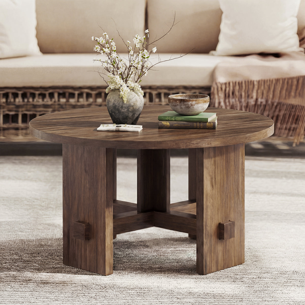 Tribesigns 80cm round side table, rustic-style side table with a pedestal base