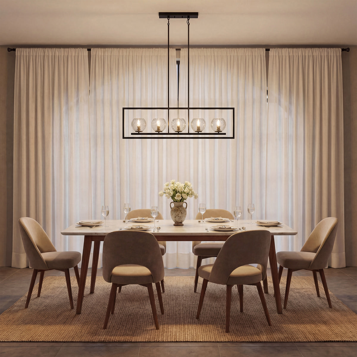 5-Light Modern Black Pendant Light, Linear Chandelier with Glass Shade