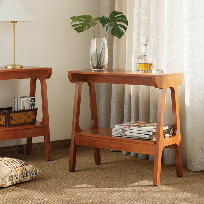 Tribesigns Side Table in Solid Rubberwood with 2 Shelves, for the Living Room and Bedroom