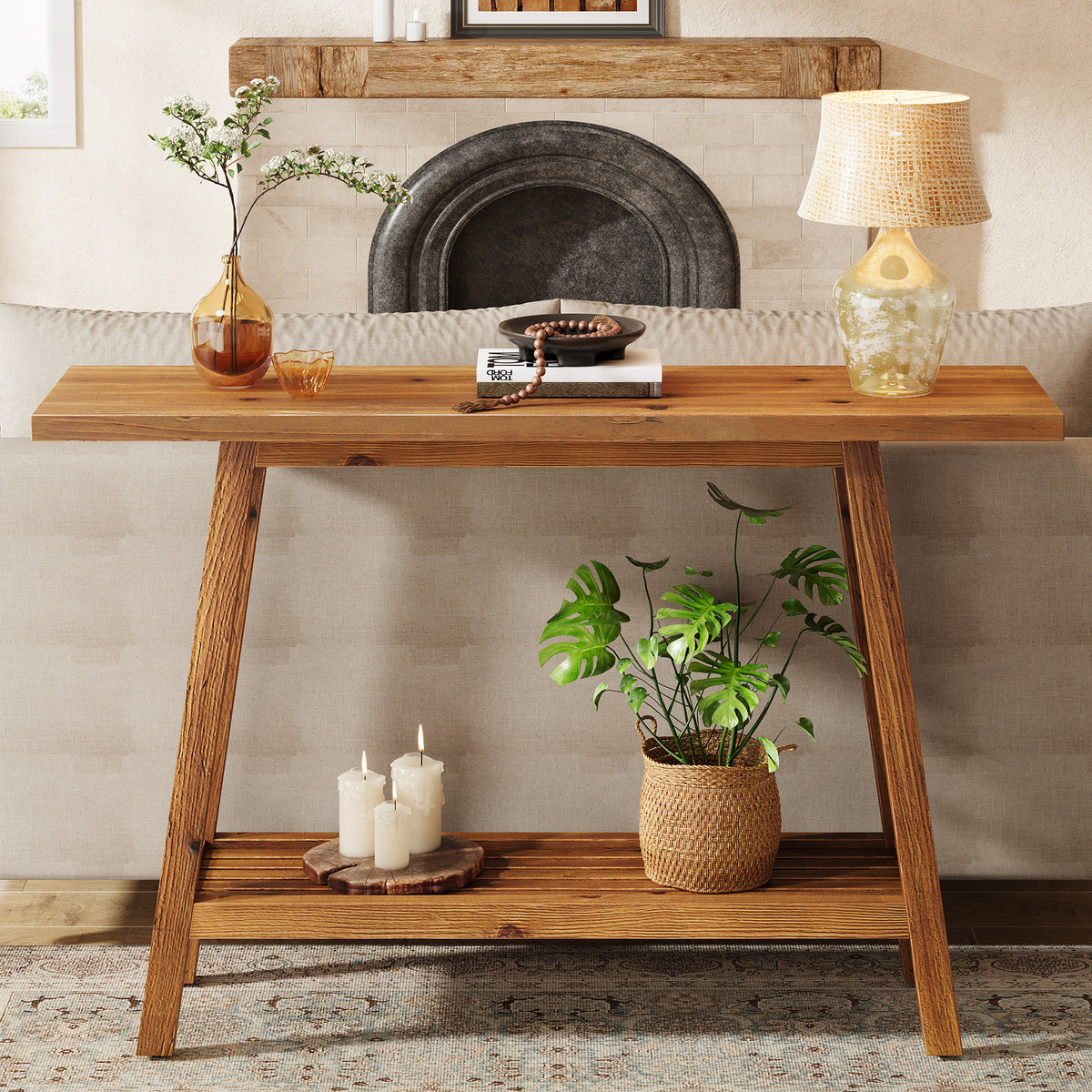 Tribesigns Country-Style Solid Wood Console Table with Shelf, 105 cm, for the Hallway and Living Room
