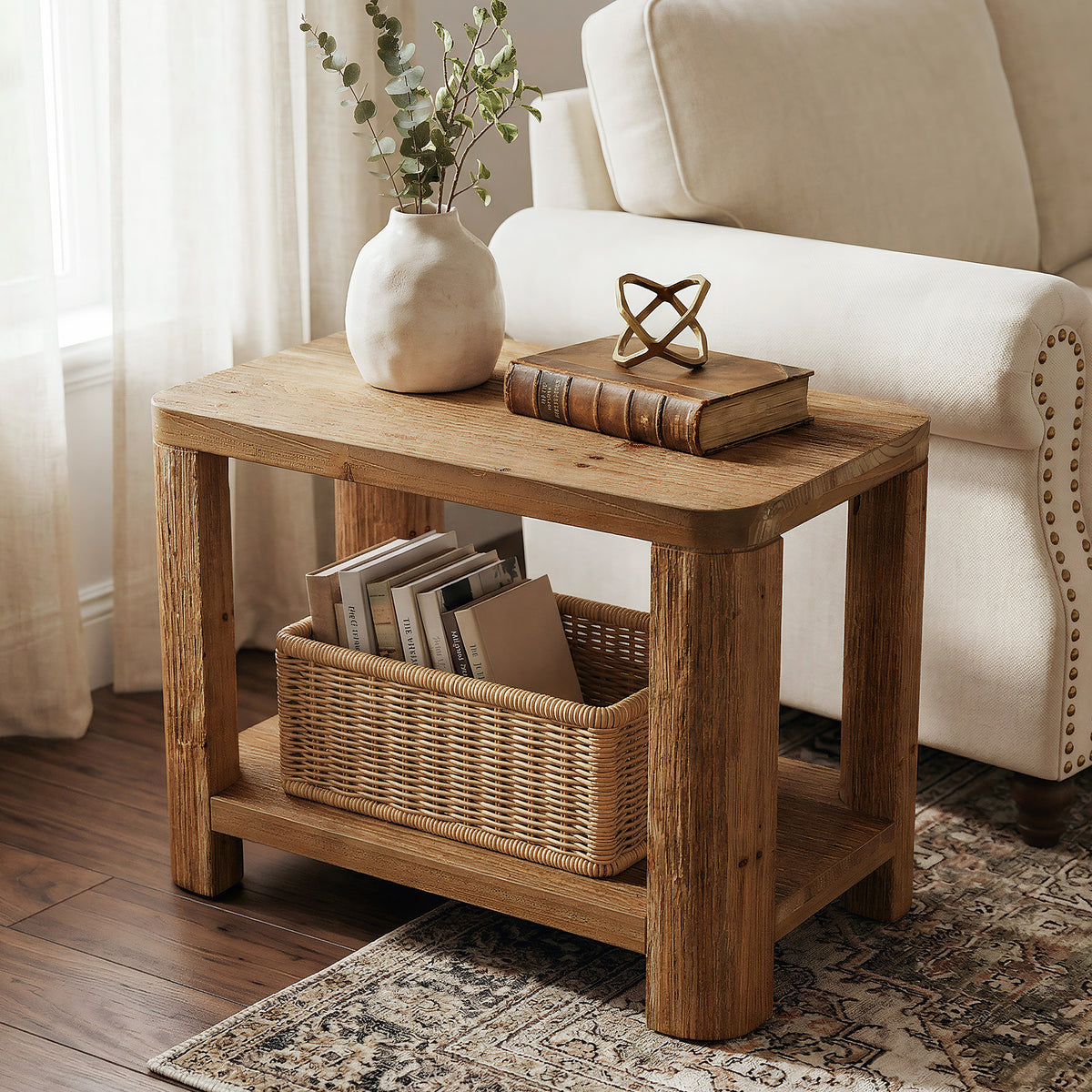 69cm Side Table, Farmhouse Solid Wood Bedside Table with 2-Tier Shelf