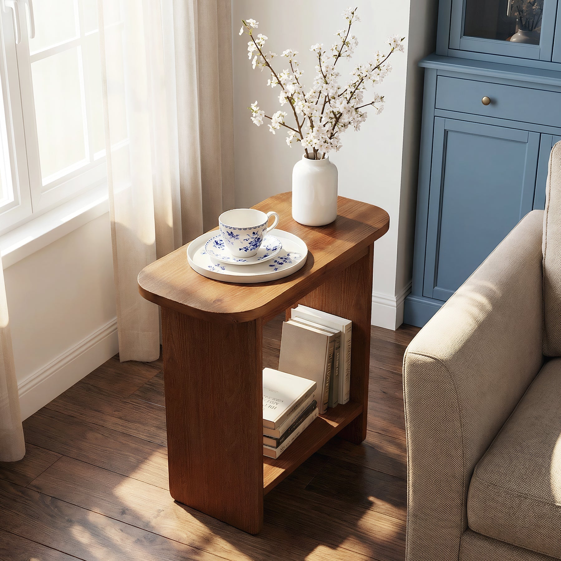 23.62" Solid Wood End Table, H-Shaped 2-Tier Side Table with Storage Shelf