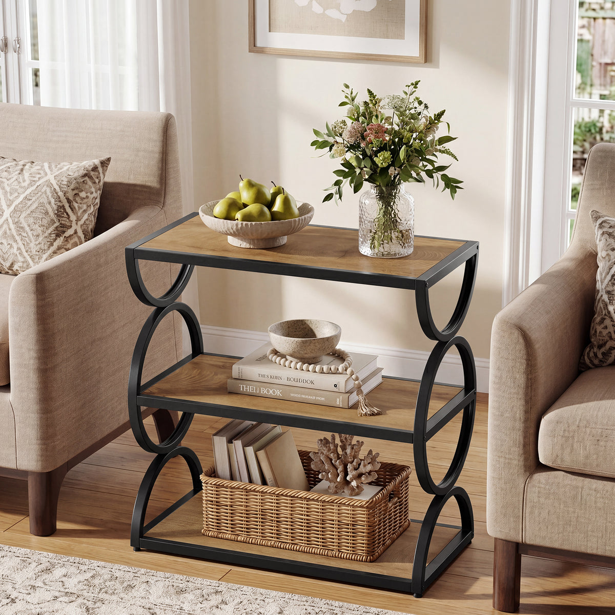 60cm Narrow Side Table, 3-Tier Industrial End Table with Circular Frame for Living Room