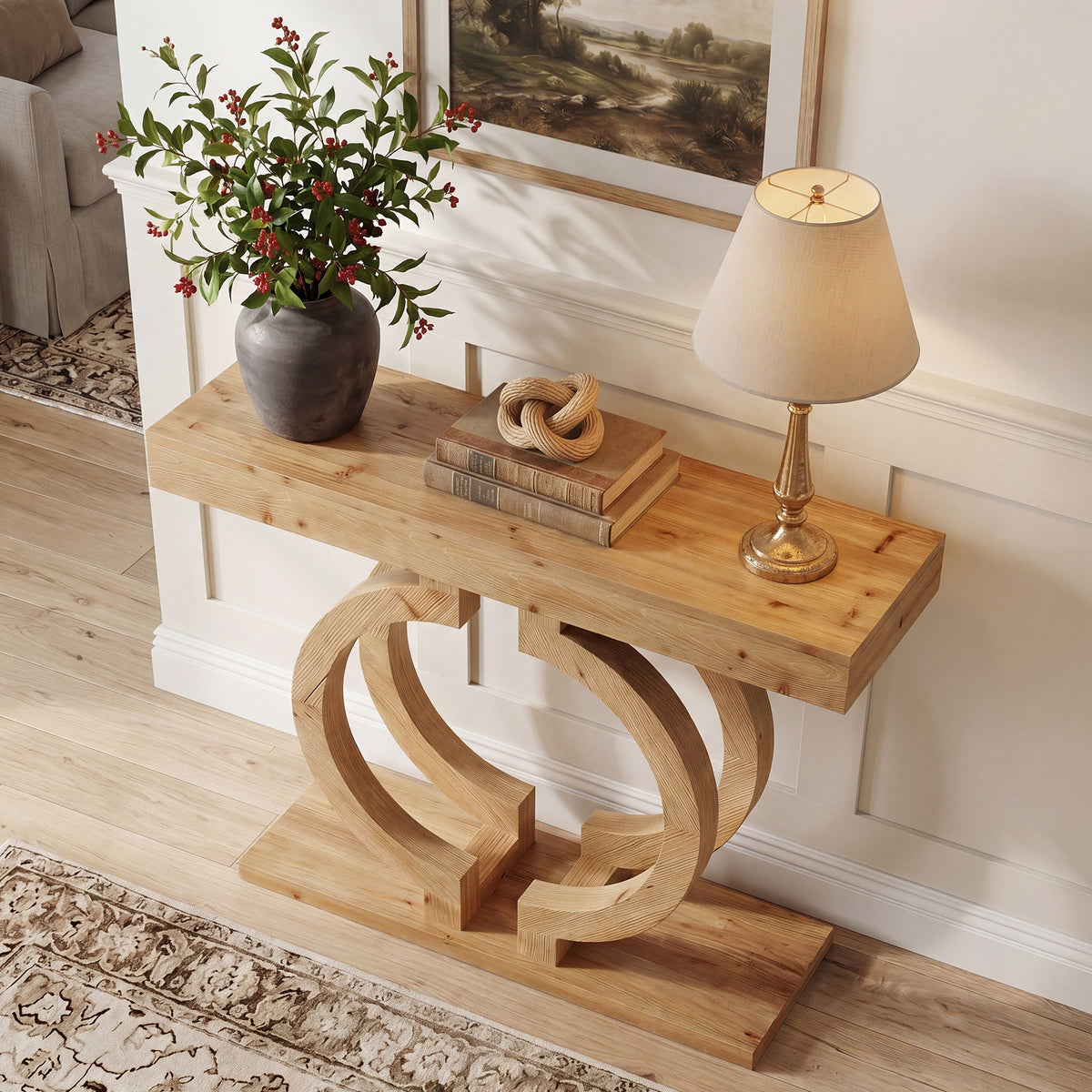 110cm Console Table, Solid Wood Entryway Sofa Table with Double-Circle Base