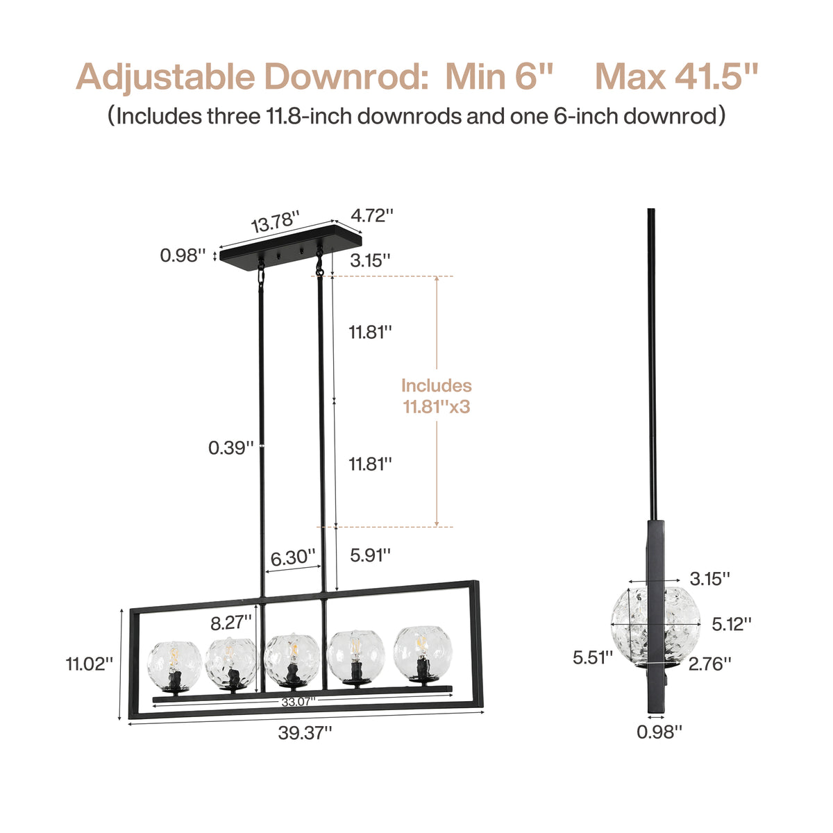 5-Light Modern Black Pendant Light, Linear Chandelier with Glass Shade