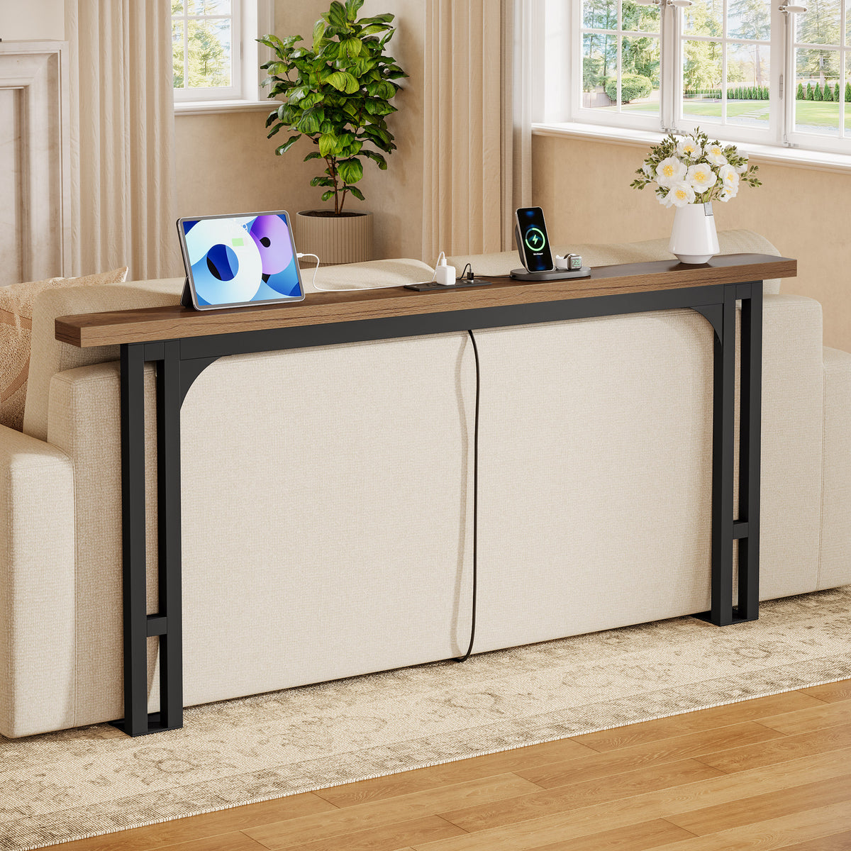 180cm Console Table, Skinny Sofa Table with Power Outlet for Living Room