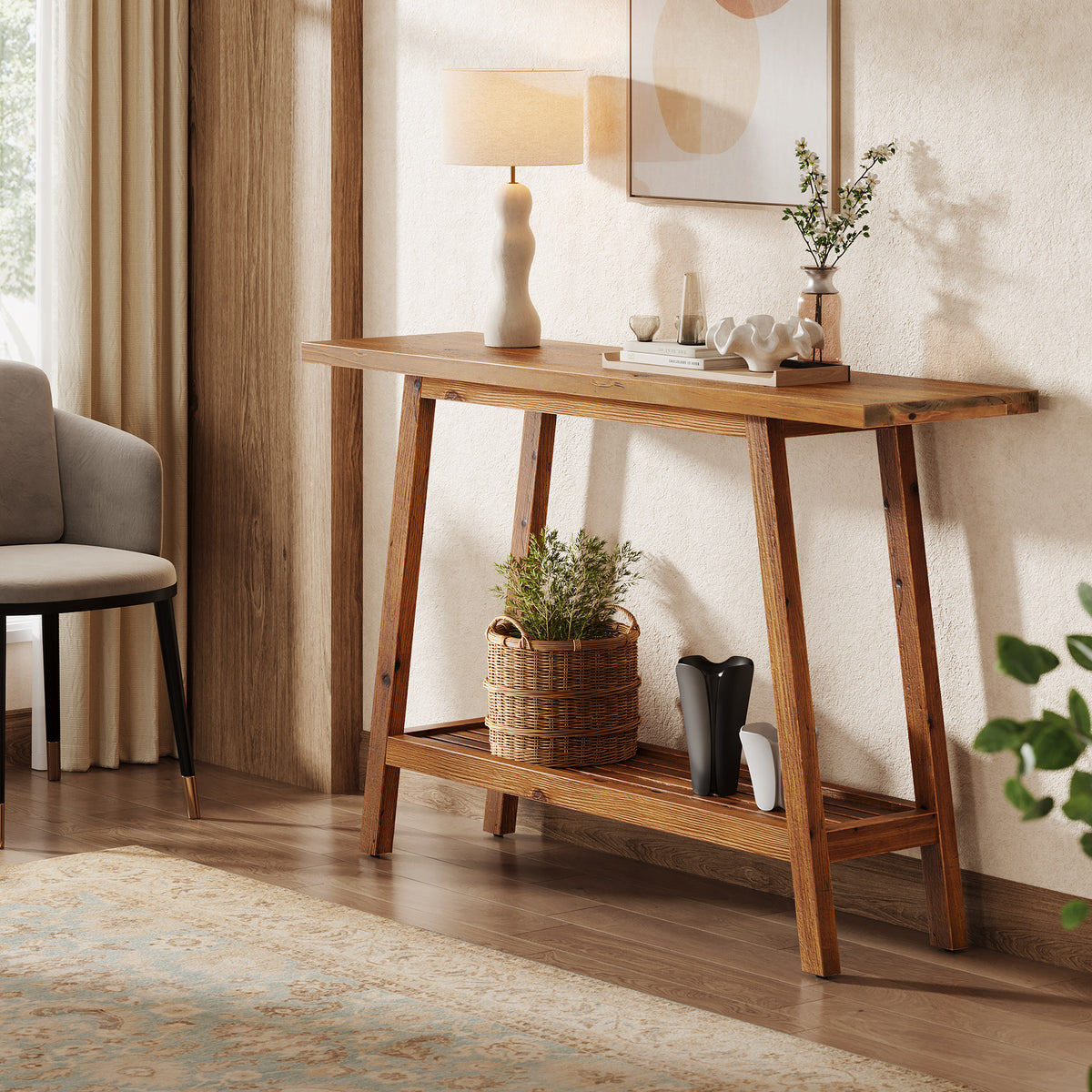 Tribesigns Country-Style Solid Wood Console Table with Shelf, 105 cm, for the Hallway and Living Room