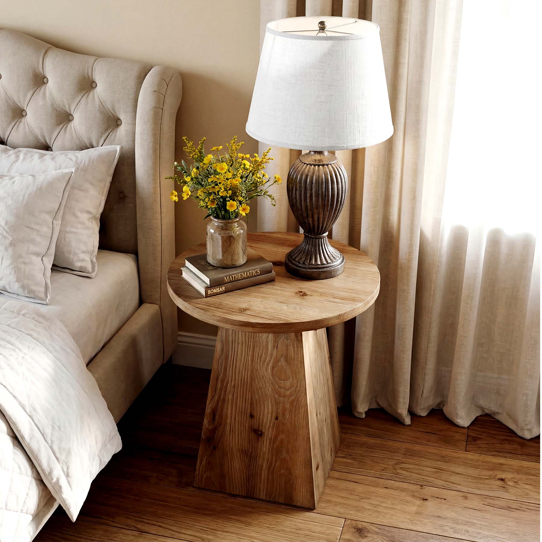 48cm Solid Wood End Table with Trapezoid Base, Round Side Table for Living Room Small Spaces