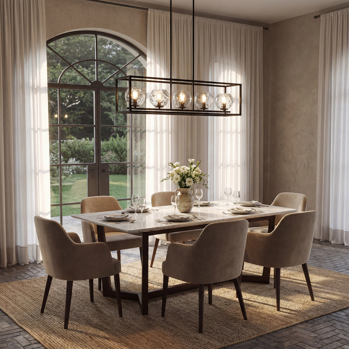 5-Light Modern Black Pendant Light, Linear Chandelier with Glass Shade