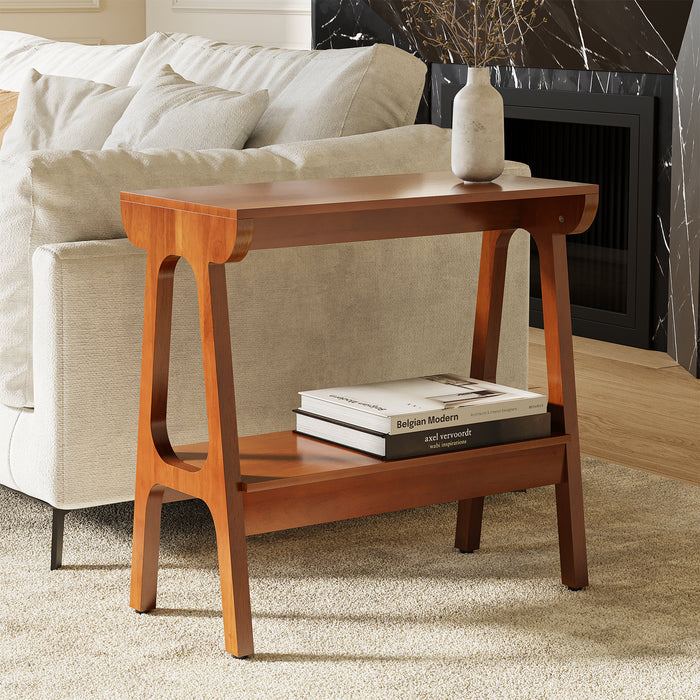 Tribesigns Side Table in Solid Rubberwood with 2 Shelves, for the Living Room and Bedroom
