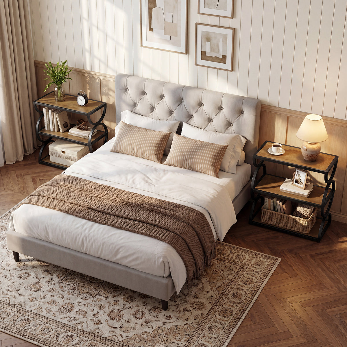 60cm Nightstand, 3-Tier Industrial Bedside Table with Circular Frame for Bedroom