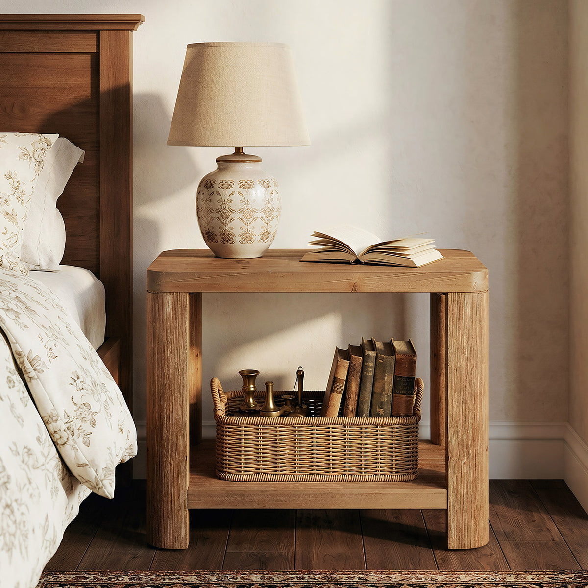 69cm Side Table, Farmhouse Solid Wood Bedside Table with 2-Tier Shelf