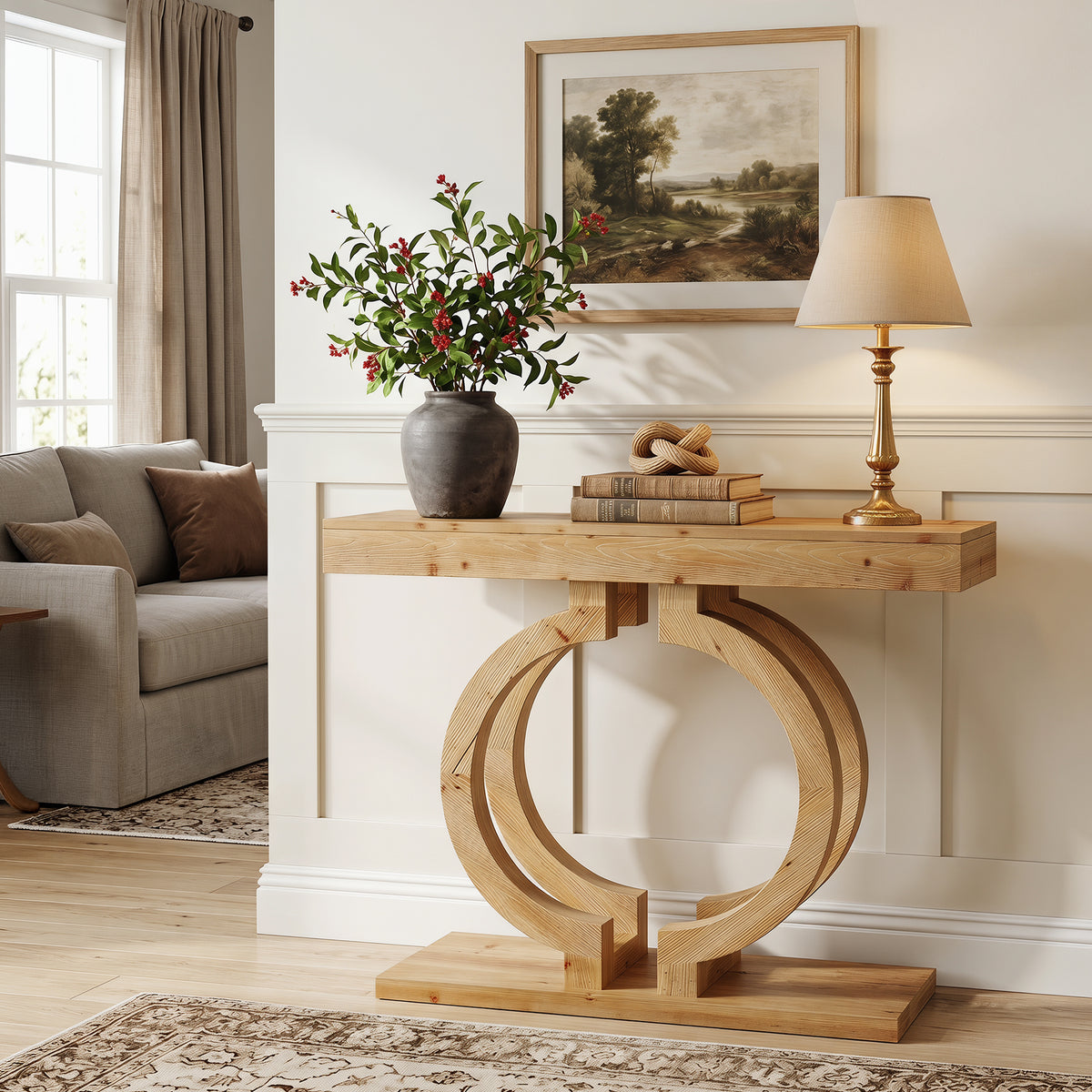110cm Console Table, Solid Wood Narrow Hallway Table with Double Circle Base