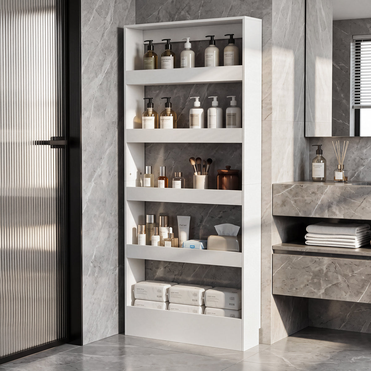 180cm Slim Bookshelf, 5-Tier Wall Mounted Bookcase Organizer for Living Room Kitchen