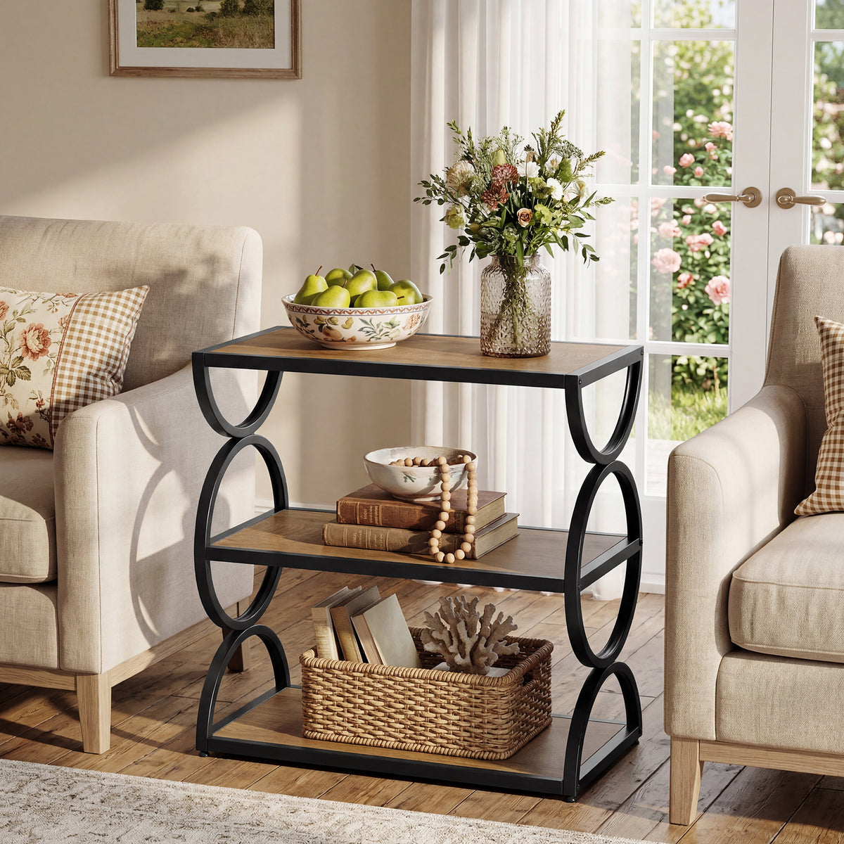 60cm Narrow Side Table, 3-Tier Industrial End Table with Circular Frame for Living Room
