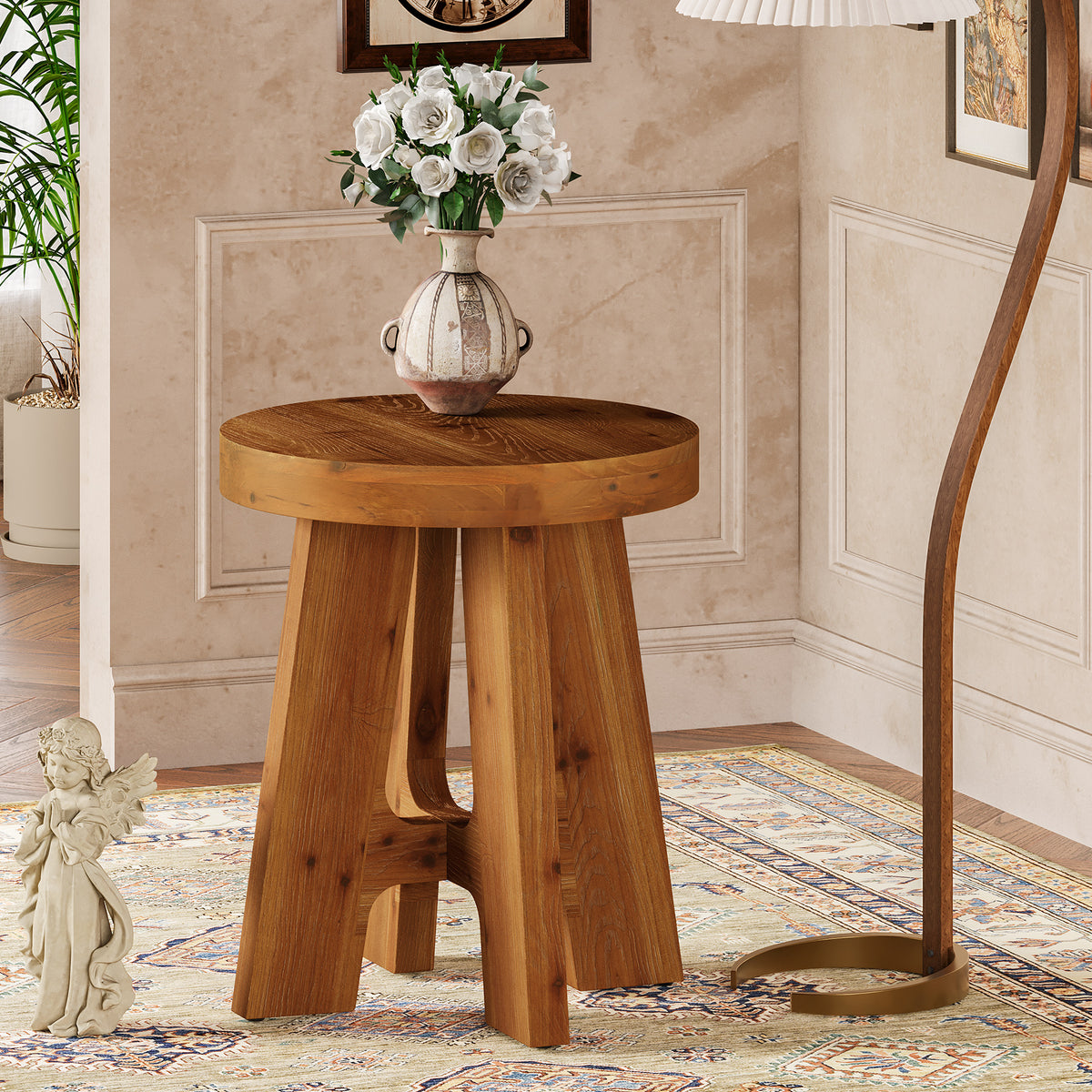 Round Side Table, Farmhouse Solid Wood End Table with Heavy-Duty Legs