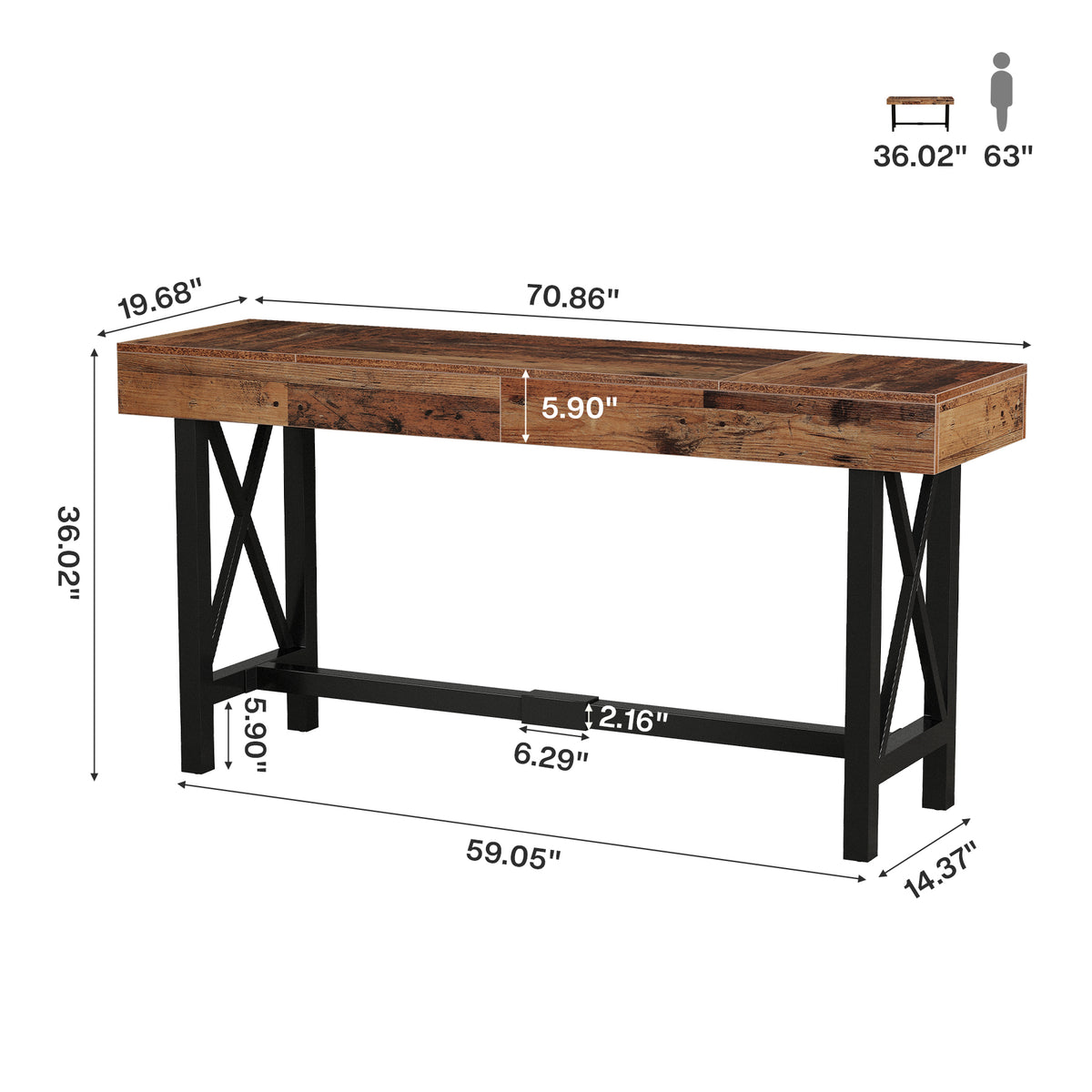 180cm Bar Table, Industrial Rectangular Pub Table with Metal Footrest