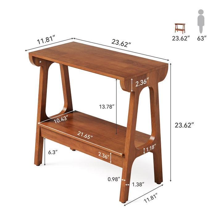 Tribesigns Side Table in Solid Rubberwood with 2 Shelves, for the Living Room and Bedroom