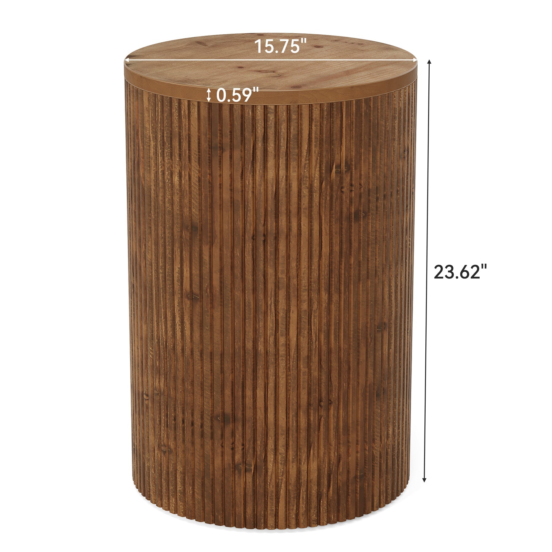 Solid Wood Round Side Table, No-Assembly Fluted End Table with Storage & 4 Wheels