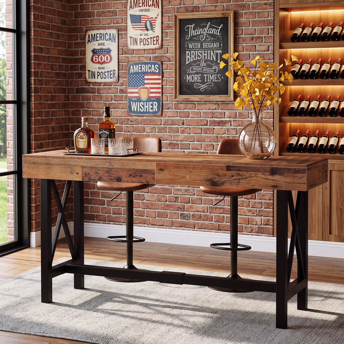 180cm Bar Table, Industrial Rectangular Pub Table with Metal Footrest