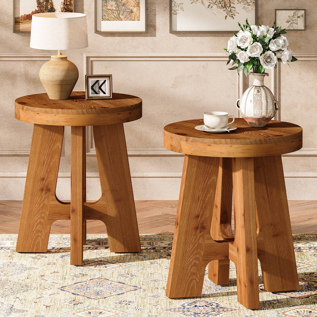 Round Side Table, Farmhouse Solid Wood End Table with Heavy-Duty Legs