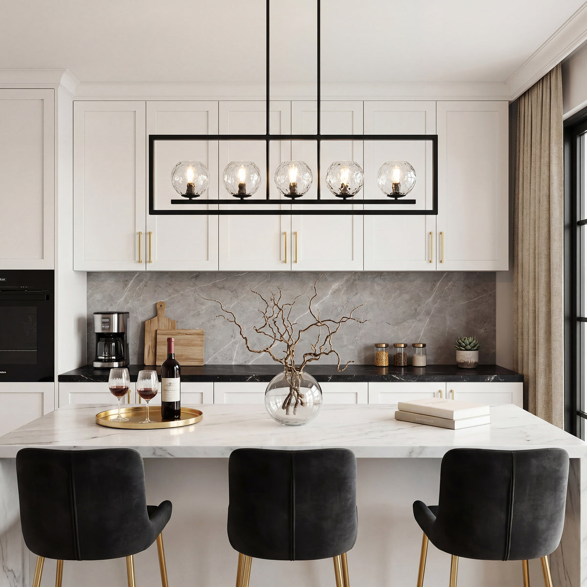 5-Light Modern Black Pendant Light, Linear Chandelier with Glass Shade