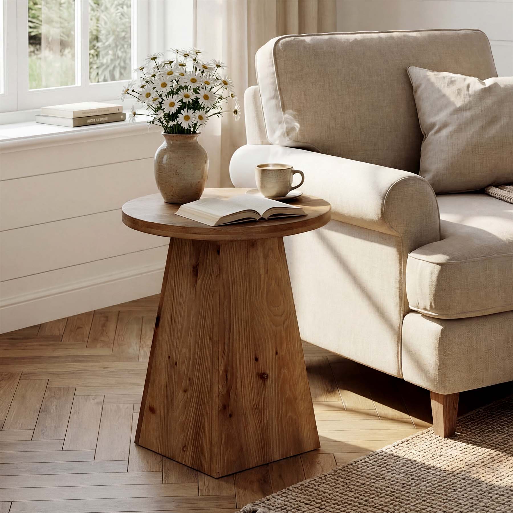 48cm Solid Wood End Table with Trapezoid Base, Round Side Table for Living Room Small Spaces