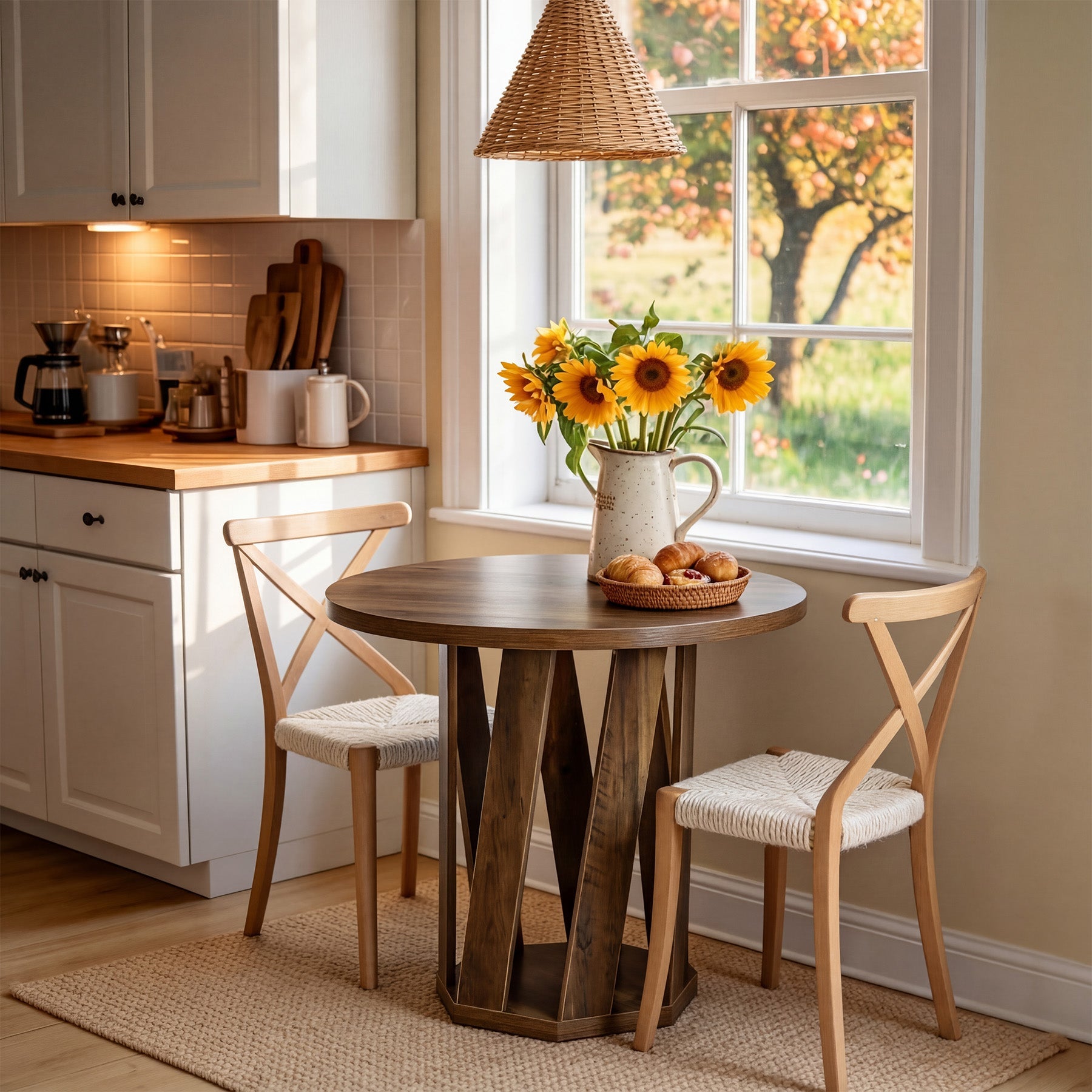 80cm Round Dining Table, Solid Wood Kitchen Table for 2-4 People