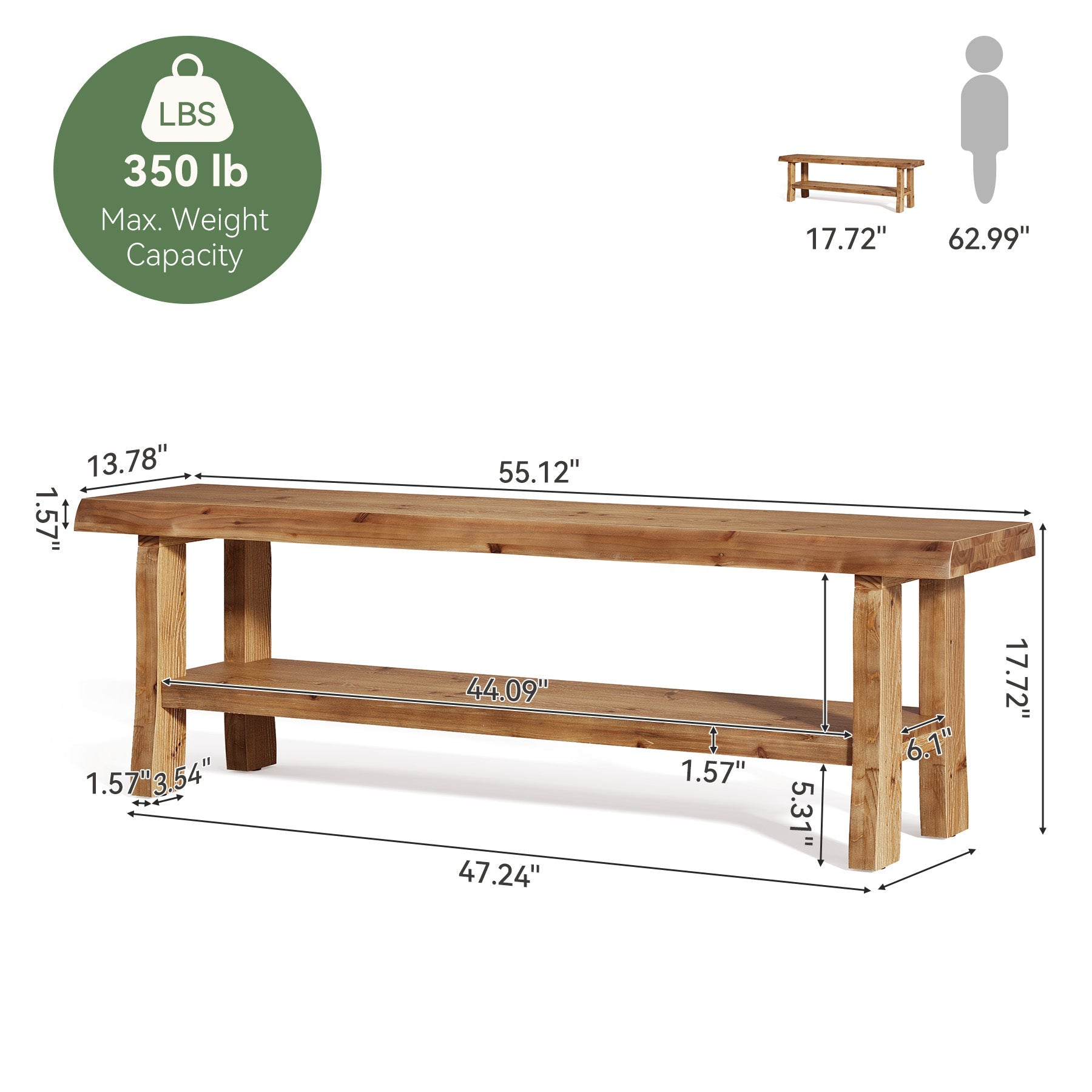 139.7cm Shoe Bench, Solid Wood Entryway Bench End of Bed Stool with Lower Shelf
