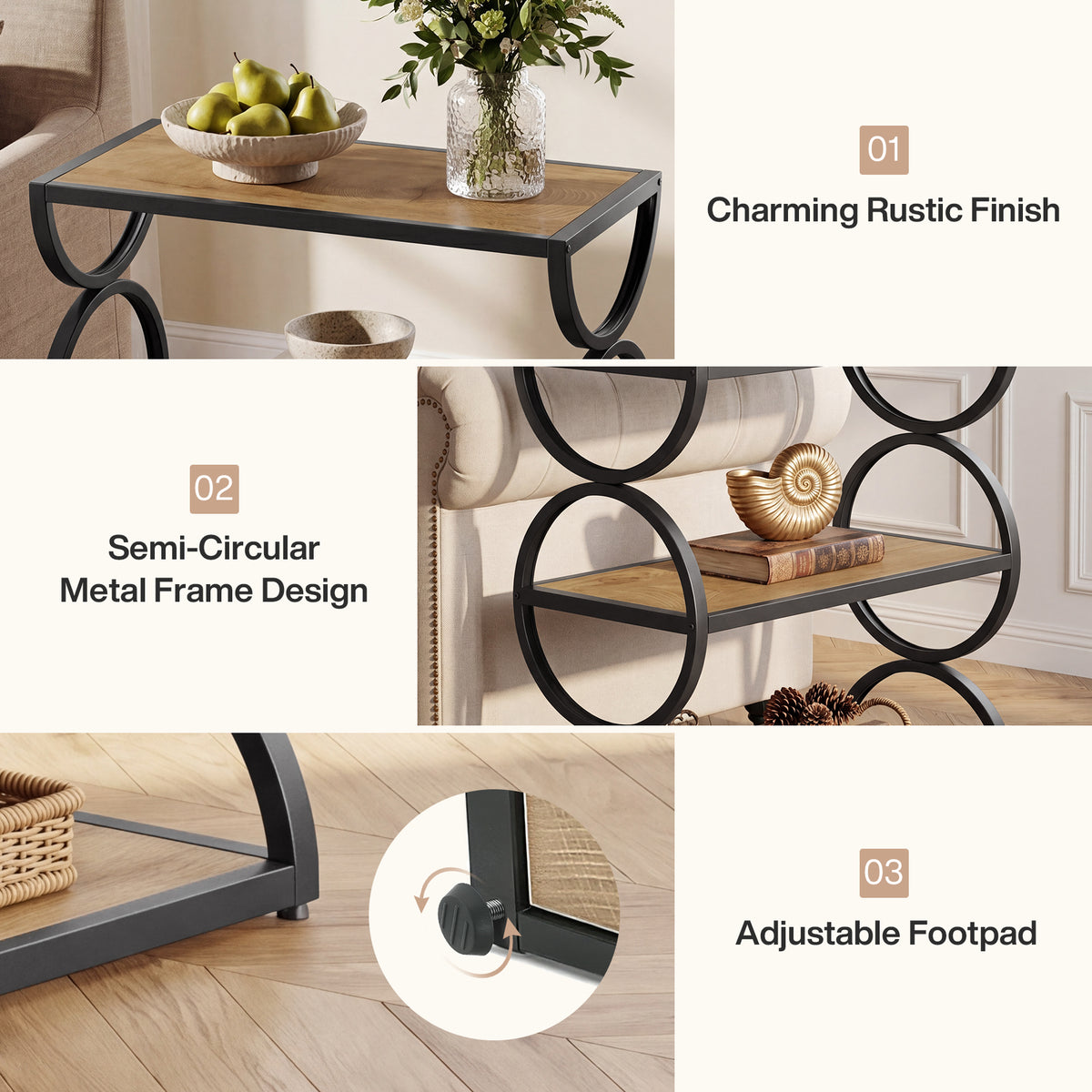 60cm Narrow Side Table, 3-Tier Industrial End Table with Circular Frame for Living Room