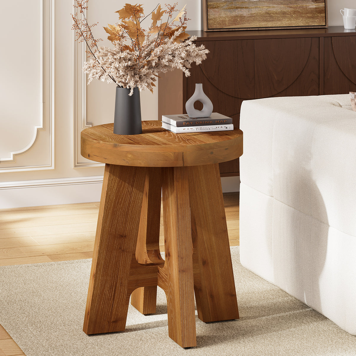 Round Side Table, Farmhouse Solid Wood End Table with Heavy-Duty Legs