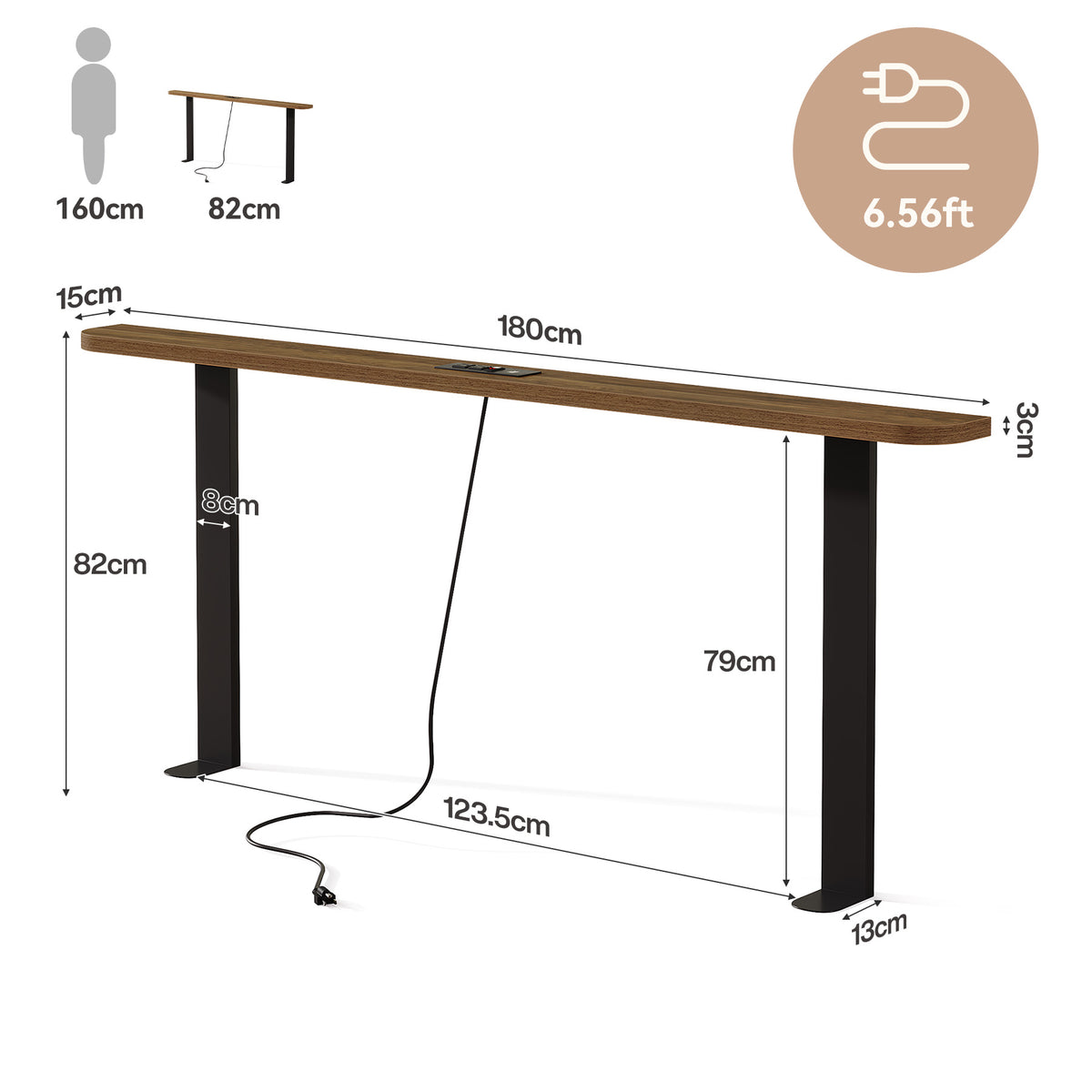 180cm Console Table, Skinny Behind Couch Sofa Table with Power Outlets for Living Room