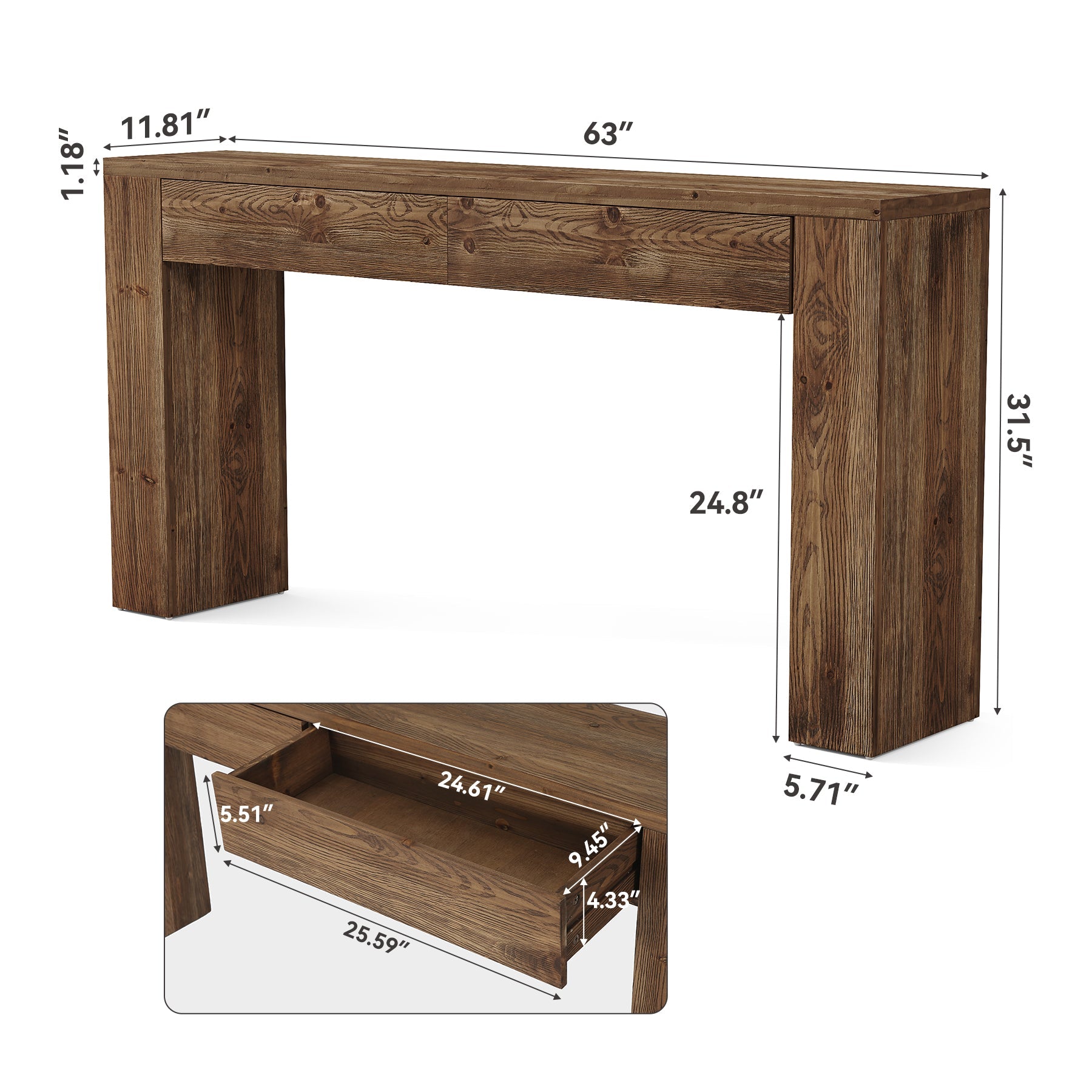 63" Solid Wood Console Table with Hidden Storage Drawers, Sofa Table Behind Couch